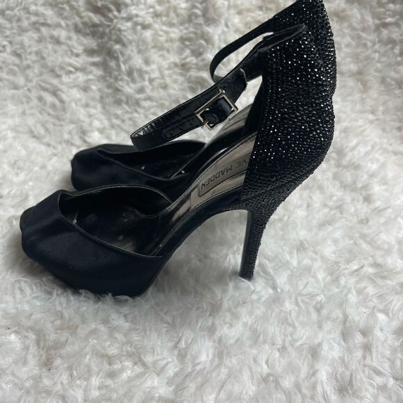 Steve Madden Black satin  With Sparkle Stones ankle strap platform heels SZ8.5 - Picture 3 of 9